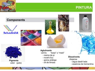 PINTURA


Components




                 Aglutinants
                 vernís       “base” o “medi”
                   - resina de pi
                   - rovell d’ou                Dissolvents
                   - goma aràbiga                dispersa
 Pigments
                   - oli de llinosa                - aigua destil·lada
  color (pols)
                                                   - essència de trementina
 