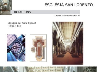 ESGLÉSIA SAN LORENZO
        RELACIONS
                                    OBRES DE BRUNELLESCHI
    
 
  Basílica del Sant Esperit 

 1432-1446
 