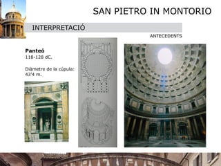 SAN PIETRO IN MONTORIO
         INTERPRETACIÓ
                                       ANTECEDENTS
     

   Panteó

   118-128 dC.


   Diàmetre de la cúpula:
    43’4 m.


 