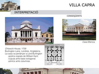 VILLA CAPRA
         INTERPRETACIÓ
                                          CONSEQÜENTS




                                                         Casa Blanca,


Chiswick House, 1729
Burlington Lane, Londres, Anglaterra. 
La casa va pertànyer a Lord Burlington
   -jardins copiats de William Kent. 
   -cúpula amb base octogonal.
   -pòrtics amb columnes.

 