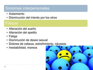 Síntomas interpersonales 
• Aislamiento 
• Disminución del interés por los otros 
Físicos 
• Alteración del sueño 
• Alteración del apetito 
• Fatiga 
• Disminución de deseo sexual 
• Dolores de cabeza, estreñimiento, náuseas 
• Inestabilidad, mareos 
 