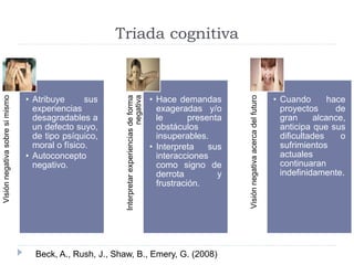 Triada cognitiva 
Visión negativa sobre si mismo 
• Atribuye sus 
experiencias 
desagradables a 
un defecto suyo, 
de tipo psíquico, 
moral o físico. 
• Autoconcepto 
negativo. 
Interpretar experiencias de forma 
negativa 
• Hace demandas 
exageradas y/o 
le presenta 
obstáculos 
insuperables. 
• Interpreta sus 
interacciones 
como signo de 
derrota y 
frustración. 
Visión negativa acerca del futuro 
• Cuando hace 
proyectos de 
gran alcance, 
anticipa que sus 
dificultades o 
sufrimientos 
actuales 
continuaran 
indefinidamente. 
Beck, A., Rush, J., Shaw, B., Emery, G. (2008) 
 