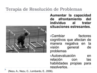 Terapia de Resolución de Problemas 
Aumentar la capacidad 
de afrontamiento del 
individuo al tratar 
situaciones estresantes. 
Cambiar factores 
cognitivos que afectan de 
manera negativa en la 
visión general de 
problemas 
Autoevaluación en 
relación con las 
habilidades propias para 
resolverlos. 
(Nezu, A., Nezu, C., Lombardo, E., 2006). 
 