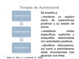 Terapia de Autocontrol 
Se enseña a: 
a)mantener un registro 
diario de experiencias 
positivas y su estado de 
ánimo 
b)establecer metas 
específicas, explícitas y 
asequibles relacionadas 
con actividades positivas 
c)identificar reforzadores, 
así como a administrarse 
estas recompensas tras 
alcanzar una meta. 
Automonitoreo 
Autoevaluación 
Autorefuerzo 
(Nezu, A., Nezu, C., Lombardo, E., 2006). 
 