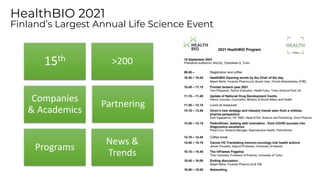 HealthBIO 2021
Finland’s Largest Annual Life Science Event
15th >200
Companies
& Academics
Partnering
Programs
News &
Trends
 
