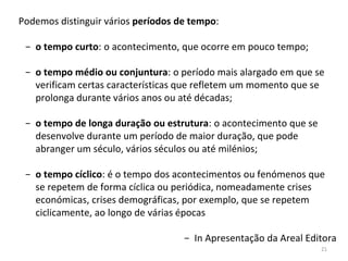 21
Podemos distinguir vários períodos de tempo:
− o tempo curto: o acontecimento, que ocorre em pouco tempo;
− o tempo médio ou conjuntura: o período mais alargado em que se
verificam certas características que refletem um momento que se
prolonga durante vários anos ou até décadas;
− o tempo de longa duração ou estrutura: o acontecimento que se
desenvolve durante um período de maior duração, que pode
abranger um século, vários séculos ou até milénios;
− o tempo cíclico: é o tempo dos acontecimentos ou fenómenos que
se repetem de forma cíclica ou periódica, nomeadamente crises
económicas, crises demográficas, por exemplo, que se repetem
ciclicamente, ao longo de várias épocas
− In Apresentação da Areal Editora
 