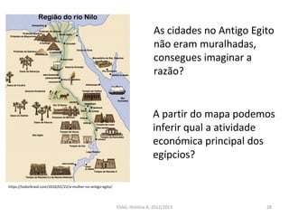 ESAG, História A, 2012/2013 28
https://tudorbrasil.com/2016/01/22/a-mulher-no-antigo-egito/
As cidades no Antigo Egito
não eram muralhadas,
consegues imaginar a
razão?
A partir do mapa podemos
inferir qual a atividade
económica principal dos
egípcios?
 
