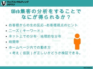 Web集客の分析をすることで
       なにが得られるか？
●   お客様からの生の反応→お客様視点のヒント
●   ニーズ（キーワード）
●   ネット上での分布・地理的な分布
●   時間帯
●   ホームページ内での動き方
    ＋考え（仮説）が正しいかどうか検証できる。


                            www.tatematsu.jp
 