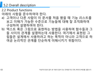 63 작성자의 동의 없이 본 자료의 일부 또는 전부를 무단 전재, 복제 및 배포를 금합니다.
5.2 Overall description
2.2 Product functions
아래의 사항을 준수하여야 한다.
a) 고객이나 다른 사람이 이 문서를 처음 봤을 때 기능 리스트를
보고 이해가 가능한 수준으로 기능들에 대해 잘 조직화하여
구성하여 설명하여야 한다.
b) 텍스트 혹은 그림으로 표현하는 방법을 사용하여 함수들과 그
들 사이의 관계를 설명하는데 사용한다. 여기에서 표현된 그
림들은 설계에서 사용하려고 하는 목적이 아니라 고객으로 하
여금 논리적인 관계를 단순하게 이해시키기 위함이다.
 