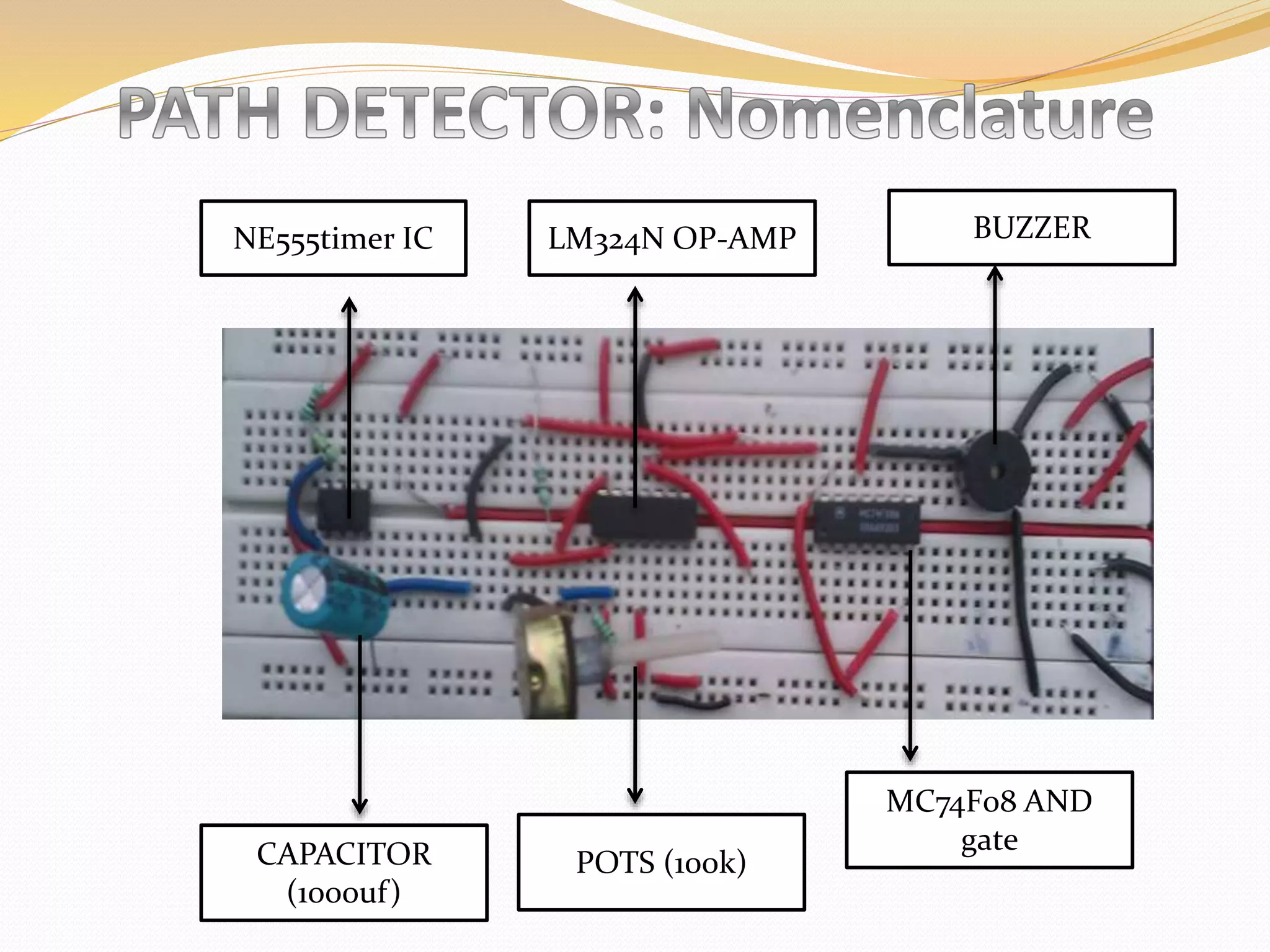 NE555timer IC LM324N OP-AMP BUZZER
CAPACITOR
(1000uf)
POTS (100k)
MC74F08 AND
gate
 