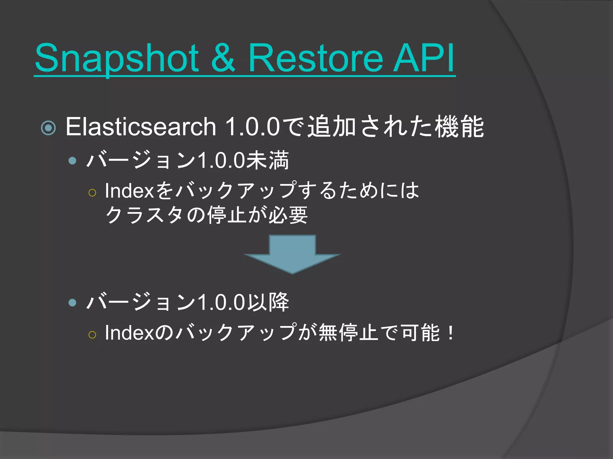 Snapshot & Restore API 
 Elasticsearch 1.0.0で追加された機能 
 バージョン1.0.0未満 
○ Indexをバックアップするためには 
クラスタの停止が必要 
 バージョン1.0.0以降 
○ Indexのバックアップが無停止で可能！ 
 