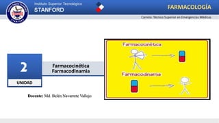 UNIDAD
2 Farmacocinética
Farmacodinamia
FARMACOLOGÍA
Docente: Md. Belén Navarrete Vallejo
Carrera: Técnico Superior en Emergencias Médicas
 