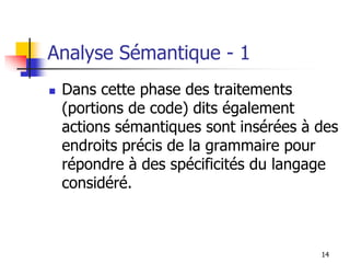 Analyse Sémantique - 1
◼ Dans cette phase des traitements
(portions de code) dits également
actions sémantiques sont insérées à des
endroits précis de la grammaire pour
répondre à des spécificités du langage
considéré.
14
 