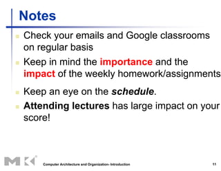 11
Notes
 Check your emails and Google classrooms
on regular basis
 Keep in mind the importance and the
impact of the weekly homework/assignments
 Keep an eye on the schedule.
 Attending lectures has large impact on your
score!
Computer Architecture and Organization- Introduction
 