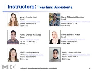 4
Instructors: Teaching Assistants
Computer Architecture and Organization- Introduction
Name: Routaib Hayat
Email:
routaib.hayat@gmail.com
Phone: 0701003674
Room: xxx
Name: Cherradi Mohamed
Email:
m.cherradi@uae.ac.ma
Phone: 0662108773
Room: xxx
Name: Bouhafer Fadwa
Email: f.bouhafer@uae.ac.ma
Phone: 0669390886
Room: xxx
Name: Seddik Soukaina
Email: seddik.soukaina@gmail.com
Phone: 0689512751
Room: xxx
Name: El Haddadi Oumaima
Email:
elhaddadi.oumaima@etu.uae.ac.ma
Phone: 0645978748
Room: xxx
Name: Boufassil Asmae
Email:
asmae.boufassil@ump.ac.ma
Phone: 0648960525
Room: xxx
 
