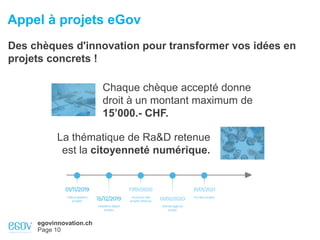 egovinnovation.ch
Page 10
Appel à projets eGov
Des chèques d'innovation pour transformer vos idées en
projets concrets !
Chaque chèque accepté donne
droit à un montant maximum de
15’000.- CHF.
La thématique de Ra&D retenue
est la citoyenneté numérique.
 