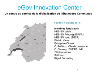 3
eGov Innovation Center
3
Fondé le 4 Octobre 2013.
Membres fondateurs
HES-SO Valais
HES-SO Fribourg (EIAFR)
HES-SO Vaud (EESP)
Etat du Valais
Entreprise Cimark
C. Ruffieux, Ville de Lausanne
O. Glassey, IDHEAP UNIL
TI Informatique
Softcom
Rigert Consulting
Un centre au service de la digitalisation de l’Etat et des Communes
 