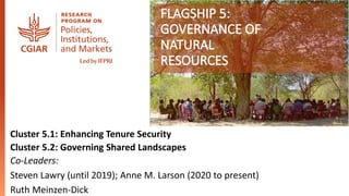 Cluster 5.1: Enhancing Tenure Security
Cluster 5.2: Governing Shared Landscapes
Co-Leaders:
Steven Lawry (until 2019); Ann...