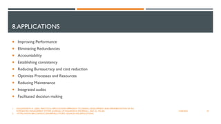 8.APPLICATIONS
 Improving Performance
 Eliminating Redundancies
 Accountability
 Establishing consistency
 Reducing Bureaucracy and cost reduction
 Optimize Processes and Resources
 Reducing Maintenance
 Integrated audits
 Facilitated decision making
33
12/06/2022
1. HOLDSWORTH, R. (2003). PRACTICAL APPLICATIONS APPROACH TO DESIGN, DEVELOPMENT AND IMPLEMENTATION OF AN
INTEGRATED MANAGEMENT SYSTEM. JOURNAL OF HAZARDOUS MATERIALS, 104(1-3), 193-205.
2. HTTPS://WWW.IBM.COM/DOCS/EN/BPM/8.5.7?TOPIC=SOURCES-IMS-APPLICATIONS
 
