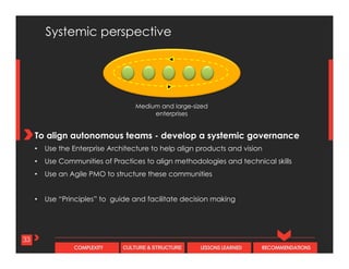 CULTURE & STRUCTURECOMPLEXITY LESSONS LEARNED RECOMMENDATIONS
To align autonomous teams - develop a systemic governance
•  Use the Enterprise Architecture to help align products and vision
•  Use Communities of Practices to align methodologies and technical skills
•  Use an Agile PMO to structure these communities
•  Use “Principles” to guide and facilitate decision making
Systemic perspective
33
Medium and large-sized
enterprises
 