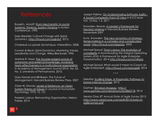40	
  
	
  	
  
Russell L. Ackoff: From Mechanistic to social
Systemic Thinking, System Thinking in Action
Conference, 1993
Dajo Breddel: Cultural Change with Spiral
Dynamics, http://tinyurl.com/qdjn5yf, 2012.
Chabreuil: La spirale dynamique, Interedition, 2008.
Cowan & Beck: Spiral Dynamics: Mastering Values,
Leadership and Change, Wiley-Blackwell, 1996
Martine R. Haas: The Double-edged swords of
autonomy and external knowledge: Analyzing
team effectiveness in a multinational organization
in Academy of Management Journal 2010, Vol. 53,
No. 5, University of Pennsylvania, 2010.
Gary Hamel and Bill Breen: The Future of
Management, Harvard Business Review Press, 2007
Clare W. Graves: Levels of Existence: an Open
System Theory of Values in Journal of Humanistic
Psychology 1970; 10, 131
Frederic Laloux: Reinventing Organization, Nelson
Parker, 2014
References
40
Joseph Pelrine: On Understanding Software Agility -
A Social Complexity Point Of View in E:CO Issue
Vol. 13 Nos. 1-2, 2011
Snowden, Boone: A Leader’s Framework for
Decision Making in Harvard Business Review,
Novembre 2007
Kurtz. Snowden, The new dynamics of strategy:
Sense-making in a complex and complicated
world, http://tinyurl.com/ldgsa2x, 2003
Michael Spayd: Time’s arrow: The evolution of
complexity in Downloading the Integral Operating
System (IOS) A Framework for Agile Enterprise
Transformation, 2014 http://tinyurl.com/o74fqdy
Michael Spayd: What would it mean to Coach an
Agile Enterprise?, http://tinyurl.com/peozpk8, 2014
* * *
Deloitte: Scalling Edge, A Pragmatic Pathway to
broad internal change, 2012
Gartner: Bimobal stragegy, http://
www.gartner.com/newsroom/id/2865718, 2014
Version One: 8th Annual State of Agile Survey 2013,
http://www.versionone.com/pdf/2013-state-of-
agile-survey.pdf
 