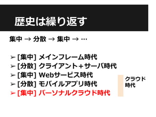 歴史は繰り返す
集中 → 分散 → 集中 → …
➢[集中] メインフレーム時代
➢[分散] クライアント＋サーバ時代
➢[集中] Webサービス時代
➢[分散] モバイルアプリ時代
➢[集中] パーソナルクラウド時代
クラウド
時代
 