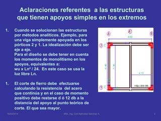 16/04/2014 MSc. Ing. Civil Natividad Sánchez A. 2
1. Cuando se solucionan las estructuras
por métodos analíticos. Ejemplo, para
una viga simplemente apoyada en los
pórticos 2 y 1. La idealización debe ser
eje a eje.
Para el diseño se debe tener en cuenta
los momentos de monolitismo en los
apoyos, equivalentes a:
wu x Ln² / 24. En este caso se usa la
luz libre Ln.
1. El corte de fierro debe efectuarse
calculando la resistencia del acero
que continúa y en el caso de momento
positivo debe restarse d ó 12 db a la
distancia del apoyo al punto teórico de
corte. El que sea mayor.
Aclaraciones referentes a las estructuras
que tienen apoyos simples en los extremos
 