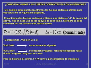 16/04/2014 MSc. Ing. Civil Natividad Sánchez A. 29
¿CÓMO EVALUAMOS LAS FUERZAS CORTANTES EN LOS ALIGERADOS?
• Del análisis estructural encontramos las fuerzas cortantes últimas en la
estructura de la vigueta del aligerado.
•Encontramos las fuerzas cortantes críticas a una distancia “d” de la cara del
apoyo, Vud en cada uno de los apoyos de cada tramo. Siermpre se debe
comenzar por los valores mas desfavorables.
•Calculamos la fuerza cortante resistente de la vigueta Vc:
• Comparamos , Vud con Vc ; sí:
Vud ≤ ɸVc , no se ensancha viguetas
Vud ≥ ɸVc , se ensancha viguetas, retirando bloquetas hasta
donde la vigueta tenga un Vu = ɸVc
Para la distancia de retiro: X = (V-Vc)/w ó por semejanza de triángulos.
 