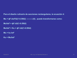 Para el diseño rutinario de secciones rectangulares, la ecuación 4:
Mu = ɸf´cbd²Ɯ(1-0.59Ɯ) ----------(4); puede transformarse como:
Mu/bd² = ɸf´cƜ(1-0.59Ɯ)
Mu/bd² = Ku = ɸf´cƜ(1-0.59Ɯ)
Mu = ku bd²
Ku = Mu/bd²
16/04/2014 34MSc. Ing. Civil Natividad Sánchez A.
 