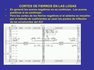 CORTES DE FIERROS EN LAS LOSAS
• En general los aceros negativos no se continúan. Los aceros
positivos si se continúan.
• Para los cortes de los fierros negativos si el sistema se resuelve
por el método de coeficientes se usan los puntos de inflexión
de las envolventes del ACI
 