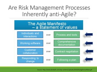 Are Risk Management Processes 
Inherently anti-Agile? 
Source: http://www.devballs.com/wp-content/uploads/2010/02/agilemanifesto.gif 
 