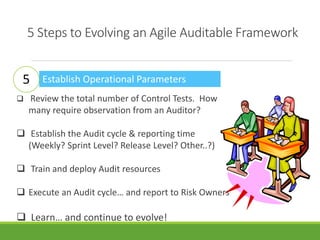 5 Steps to Evolving an Agile Auditable Framework 
Establish Operational Parameters 
5 
 Review the total number of Control Tests. How 
many require observation from an Auditor? 
 Establish the Audit cycle & reporting time 
(Weekly? Sprint Level? Release Level? Other..?) 
 Train and deploy Audit resources 
 Execute an Audit cycle… and report to Risk Owners 
 Learn… and continue to evolve! 
 