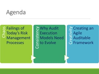Agenda 
Chaos 
Failings of 
Today’s Risk 
Management 
Processes 
Consistency 
Why Audit 
Execution 
Models Need 
to Evolve 
Creativity 
Creating an 
Agile 
Auditable 
Framework 
 
