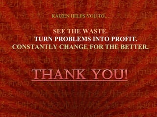 KAIZEN HELPS YOU TO…


         SEE THE WASTE.
     TURN PROBLEMS INTO PROFIT.
CONSTANTLY CHANGE FOR THE BETTER.
 