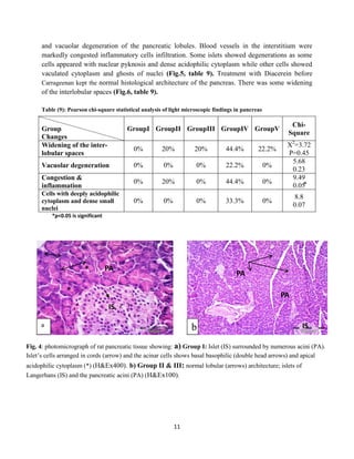 11
IS
b
PA*
*
and vacuolar degeneration of the pancreatic lobules. Blood vessels in the interstitium were
markedly congested inflammatory cells infiltration. Some islets showed degenerations as some
cells appeared with nuclear pyknosis and dense acidophilic cytoplasm while other cells showed
vaculated cytoplasm and ghosts of nuclei (Fig.5, table 9). Treatment with Diacerein before
Carrageenan kept the normal histological architecture of the pancreas. There was some widening
of the interlobular spaces (Fig.6, table 9).
Table (9): Pearson chi-square statistical analysis of light microscopic findings in pancreas
Group
Changes
GroupI GroupII GroupIII GroupIV GroupV
Chi-
Square
Widening of the inter-
lobular spaces
0% 20% 20% 44.4% 22.2%
X2
=3.72
P=0.45
Vacuolar degeneration 0% 0% 0% 22.2% 0%
5.68
0.23
Congestion &
inflammation
0% 20% 0% 44.4% 0%
9.49
0.05⃰
Cells with deeply acidophilic
cytoplasm and dense small
nuclei
0% 0% 0% 33.3% 0%
8.8
0.07
*p<0.05 is significant
b IS
PA
PA
Fig. 4: photomicrograph of rat pancreatic tissue showing: a) Group I: Islet (IS) surrounded by numerous acini (PA).
Islet’s cells arranged in cords (arrow) and the acinar cells shows basal basophilic (double head arrows) and apical
acidophilic cytoplasm (*) (H&Ex400). b) Group II & III: normal lobular (arrows) architecture; islets of
Langerhans (IS) and the pancreatic acini (PA) (H&Ex100).
a
 
