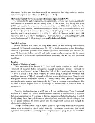 5
Chromogen. Sections were dehydrated, cleared, and mounted on glass slides for further staining
with haematoxylin & eosin (H &E) (El-Tahawy et al., 2017).
Morphometric study for the assessment of immuno-expression of PCNA:
The immunolabeled cells were counted. In each animal, 3 sections were examined, and cells
were counted in 3 adjacent non overlapping fields. In each section, three high-power fields
(×400) were selected for assessment of immunoreactivity score (IRS). IRS was defined as the
product of staining intensity (SI) and the percentage of positive cells (PP). Staining intensity was
graded as 0 (negative), 1 (weak), 2 (modarate), and 3 (strong); percentage of positive cells
examined was scored as 0 (negative), 1 (< 10%), 2 (11-50%), 3 (51-80%), and 4 (> 80%). IRS
values was from 0-12 as follow: 0 as negative, 1-3 as weak, values 4, 6 as moderate positive, and
multiplication values 8, 9, 12 as strongly positive (Metindir et al., 2008).
Statistical analysis
Analysis of results was carried out using SPSS version 20. The following statistical tests
were used: (1) Mean and standard deviation (M ± SD) to describe quantitative data. (2) Analysis
of results of parametric quantitative data and the significance of differences was calculated by
using ANOVA test with Post Hoc LSD analysis for comparison between groups. (3) Chi-square
test was done to calculate the significance for non-parametric data. P≤ 0.05 was considered
significant.
Results:
I- Results of biochemical studies
There was insignificant decrease in T3 level in all groups compared to control group.
Treatment of diacerein before carrageenan induced insignificant decrease compared to
carrageenan treated group (table 1). Regarding T4 level, There was insignificant decrease in
T4 level in Group II & III when compared to control group. Carraganeen-treated rats had
significant decrease in T4 level compared to all other groups. Administration of Diacerein with
Carrageenan resulted in significant increase in T4 level (table 2). Table (3) showed insignificant
decrease in serum amylase level in groups II, III, IV and V compared to control group. The
decrease in Serum amylase level did not change by administration of diacerein perior to
caraganeen .
There was significant increase in MDA level in thyroid gland in groups IV and V compared
to groups I, II and III. MDA level was significantly decreased by administration of diacerein
before carageenan in group V compared to diacerein treated group but still not reached to control
level (table 4). Table (5) revealed that there was insignificant increase in MDA level in pancreas
in all groups compared to control group and this insignificant increase not changed by
administration of diacerein.
Table (6) showed that GSH level in thyroid gland was significantly decreased in carageenan
treated group compared to control group. Diacerein + carageenan treated group (IV) caused
significant increase in GSH level compared to carageenan treated group (V) but not reached to
 