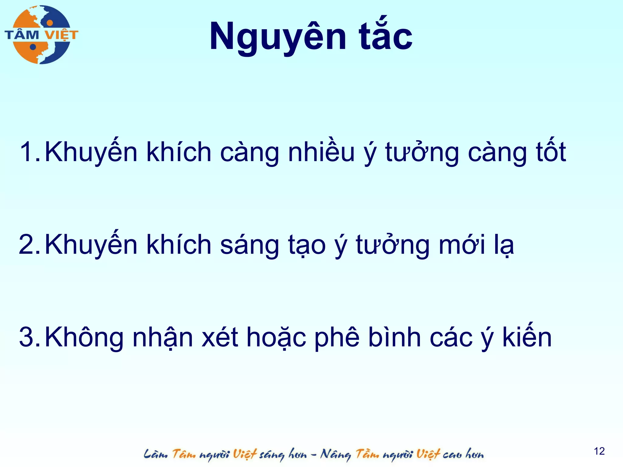 Nguyên tắc

1.Khuyến khích càng nhiều ý tưởng càng tốt


2.Khuyến khích sáng tạo ý tưởng mới lạ


3.Không nhận xét hoặc phê bình các ý kiến


                                             12
 