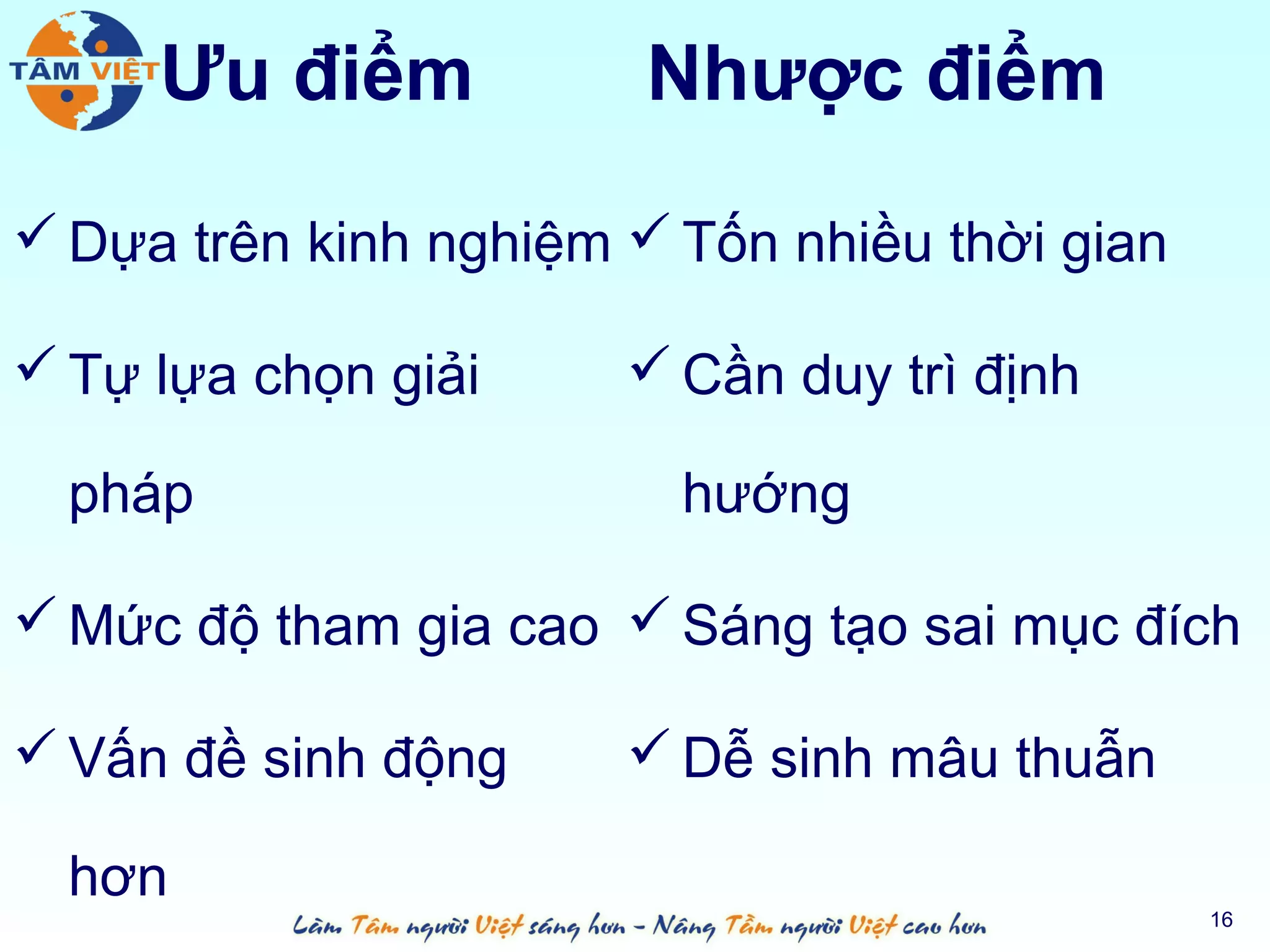 Ưu điểm            Nhược điểm

 Dựa trên kinh nghiệm  Tốn nhiều thời gian

 Tự lựa chọn giải      Cần duy trì định

  pháp                   hướng

 Mức độ tham gia cao  Sáng tạo sai mục đích

 Vấn đề sinh động      Dễ sinh mâu thuẫn

  hơn
                                               16
 