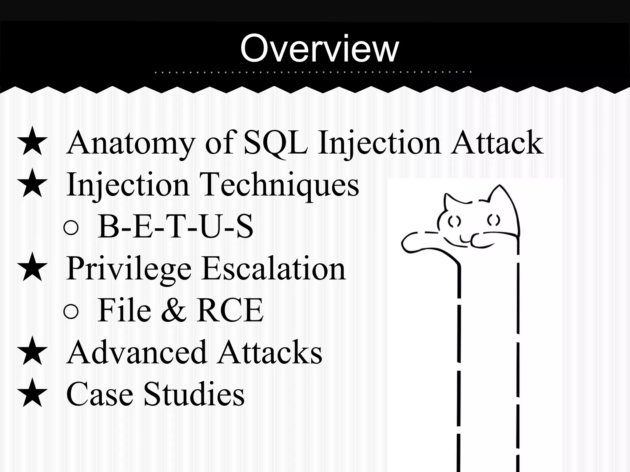 Overview 
★ Anatomy of SQL Injection Attack 
★ Injection Techniques 
○ B-E-T-U-S 
★ Privilege Escalation 
○ File & RCE 
★ Advanced Attacks 
★ Case Studies 
 