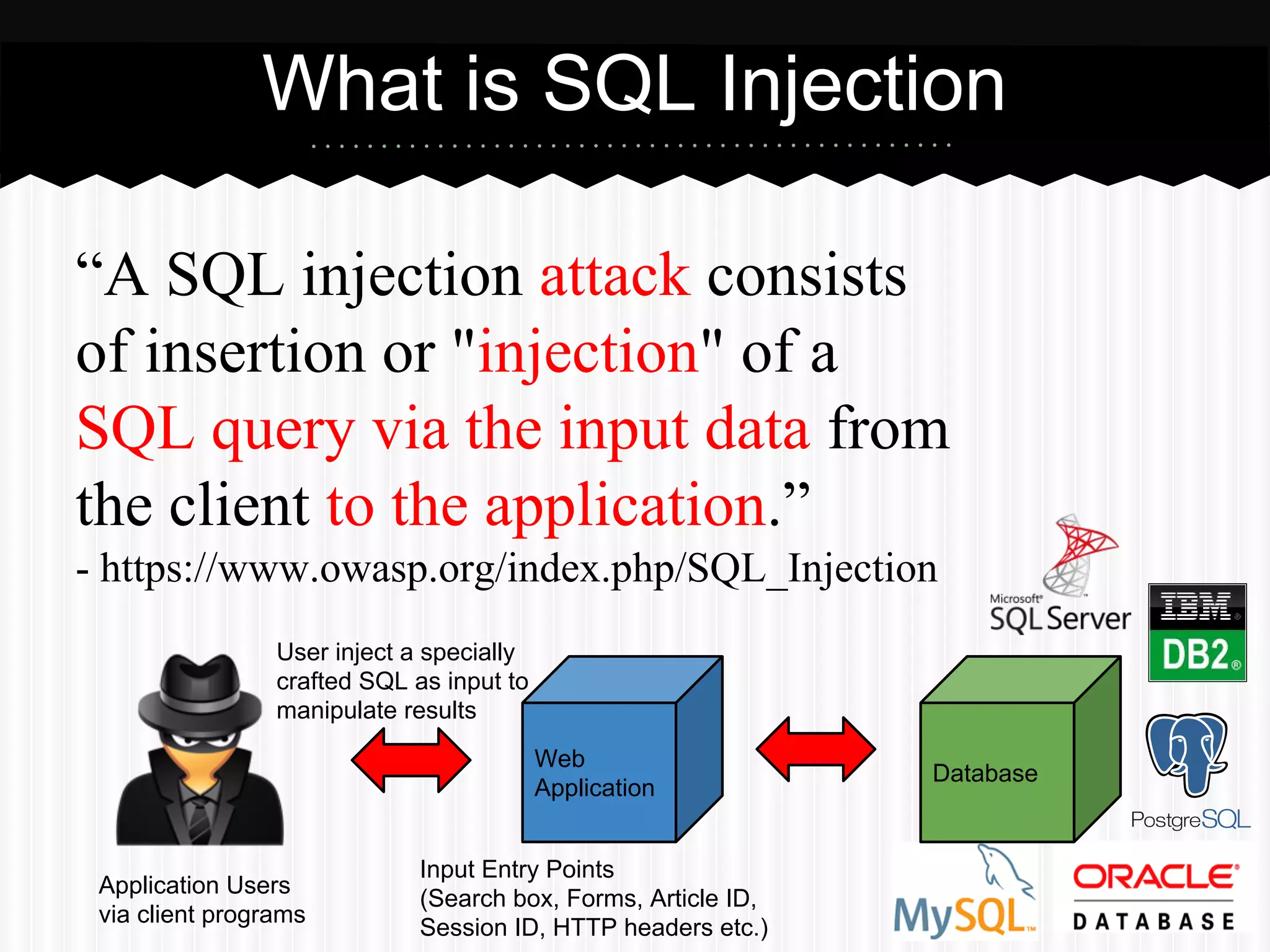 What is SQL Injection 
“A SQL injection attack consists 
of insertion or "injection" of a 
SQL query via the input data from 
the client to the application.” 
- https://www.owasp.org/index.php/SQL_Injection 
Web 
Application 
User inject a specially 
crafted SQL as input to 
manipulate results 
Application Users 
via client programs 
Input Entry Points 
(Search box, Forms, Article ID, 
Session ID, HTTP headers etc.) 
Database 
 