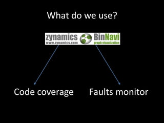 What do we use?Code coverageFaults monitor