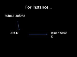 For instance…30f064-30f068	0x8a Y 0x00 KABCD