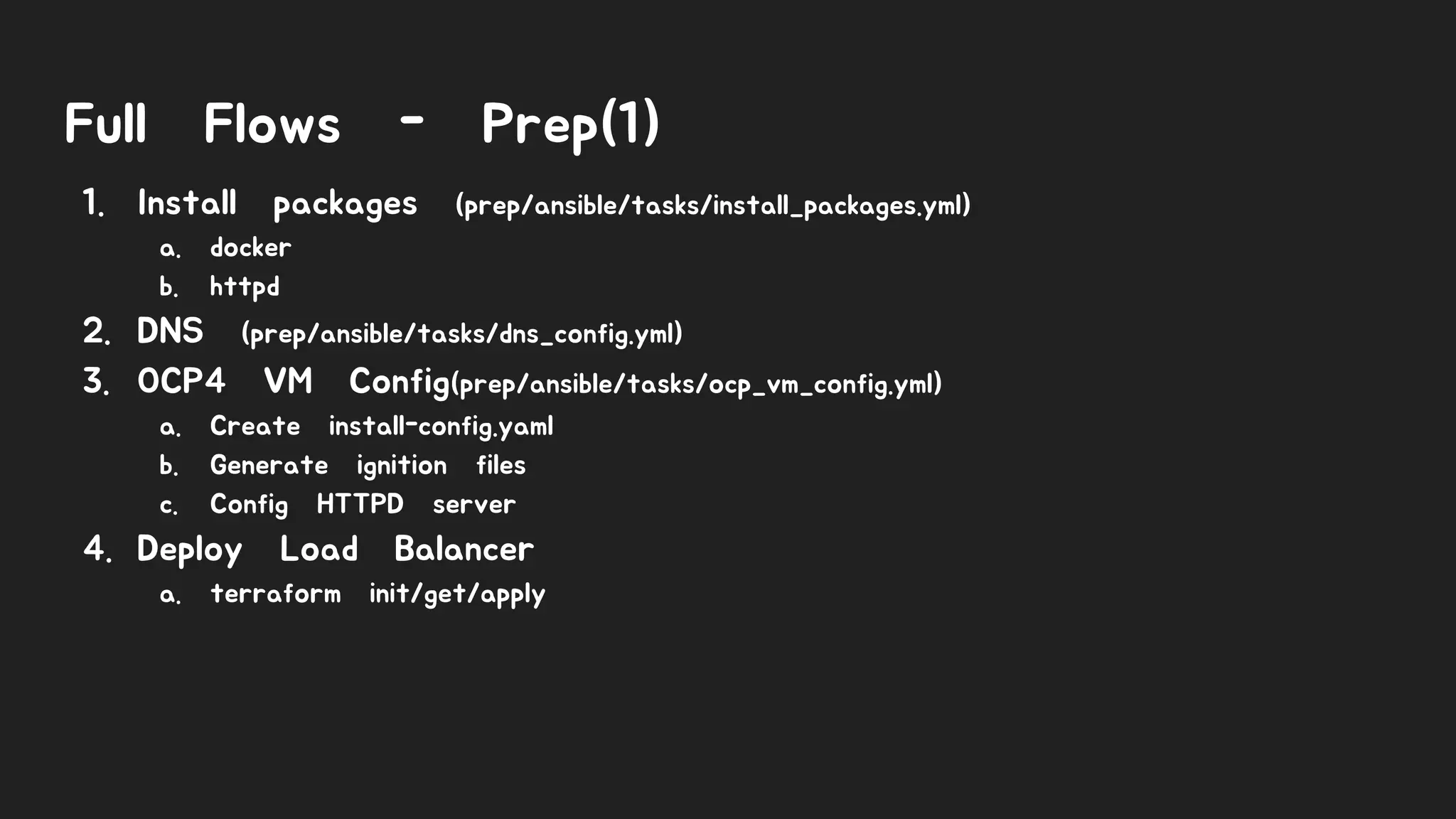 Full Flows - Prep(1)
1. Install packages (prep/ansible/tasks/install_packages.yml)
a. docker
b. httpd
2. DNS (prep/ansible/tasks/dns_config.yml)
3. OCP4 VM Config(prep/ansible/tasks/ocp_vm_config.yml)
a. Create install-config.yaml
b. Generate ignition files
c. Config HTTPD server
4. Deploy Load Balancer
a. terraform init/get/apply
 