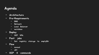 Agenda
- Architecture
- Pre-Requirements
- DNS
- Network
- Load Balancer
- matchbox
- Deploy
- OCP VMs
- Post jobs
- Set registry storage to emptyDir
- Flow
- manual
- jkit
- OCP 4 commands
 