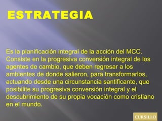 ESTRATEGIA
Es la planificación integral de la acción del MCC.
Consiste en la progresiva conversión integral de los
agentes de cambio, que deben regresar a los
ambientes de donde salieron, para transformarlos,
actuando desde una circunstancia santificante, que
posibilite su progresiva conversión integral y el
descubrimiento de su propia vocación como cristiano
en el mundo.
CURSILLO
 