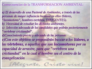 Consecuencias de la TRANSFORMACION AMBIENTAL:
a) El desarrollo de una Pastoral de Ambientes, a través de lasa) El desarrollo de una Pastoral de Ambientes, a través de las
personas de mayor influencia humana en ellos (líderes,personas de mayor influencia humana en ellos (líderes,
"locomotoras", hombres-vertebra, DIRIGENTES)."locomotoras", hombres-vertebra, DIRIGENTES).
b) Necesidad de estudiar los distintos ambientes.b) Necesidad de estudiar los distintos ambientes.
c) Selección adecuada de los candidatos que podrán posteriormentec) Selección adecuada de los candidatos que podrán posteriormente
"vertebrar cristiandad"."vertebrar cristiandad".
d)d)Conocimiento previo y adecuado de las personasConocimiento previo y adecuado de las personas
e)e)Con este objetivo se propondrán buscar a losCon este objetivo se propondrán buscar a los lídereslíderes, a, a
laslas vértebrasvértebras, a aquellos que son, a aquellos que son locomotoraslocomotoras por supor su
capacidad de arrastre, para que “vertebren unacapacidad de arrastre, para que “vertebren una
cristiandad” en la cual el hombre sea el centro de lacristiandad” en la cual el hombre sea el centro de la
evangelizaciónevangelización
 
