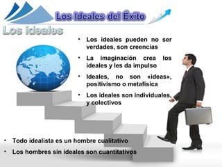 •   Los ideales pueden no ser
                              verdades, son creencias
                          •   La imaginación crea los
                              ideales y les da impulso
                          •   Ideales, no son «ideas»,
                              positivismo o metafísica
                          •   Los ideales son individuales,
                              y colectivos




•   Todo idealista es un hombre cualitativo
•   Los hombres sin ideales son cuantitativos
 