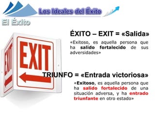 ÉXITO – EXIT = «Salida»
       «Exitoso, es aquella persona que
       ha salido fortalecido de sus
       adversidades»




TRIUNFO = «Entrada victoriosa»
        «Exitoso, es aquella persona que
        ha salido fortalecido de una
        situación adversa, y ha entrado
        triunfante en otro estado»
 