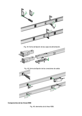 Fig. 44: forma de fijación de las cajas de alimentación.
Fig. 45: forma de fijación de los conectores de salida
Componentes de las líneas KBB
Fig. 46: elementos de la línea KBB.
 
